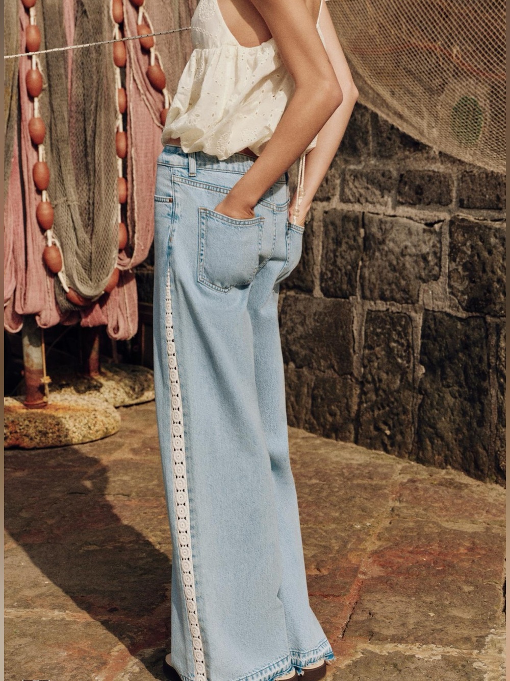 Zara Light Blue Wide-Leg Jeans with White Lace Side Trim.like new wore once